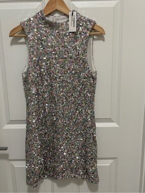 Nasty Gal High Neck Sleeveless Sequin Mini Silver Dress Sz 8